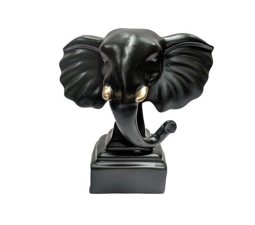 1578B Royal Black Elephant Head Showpiece with Golden Tusks