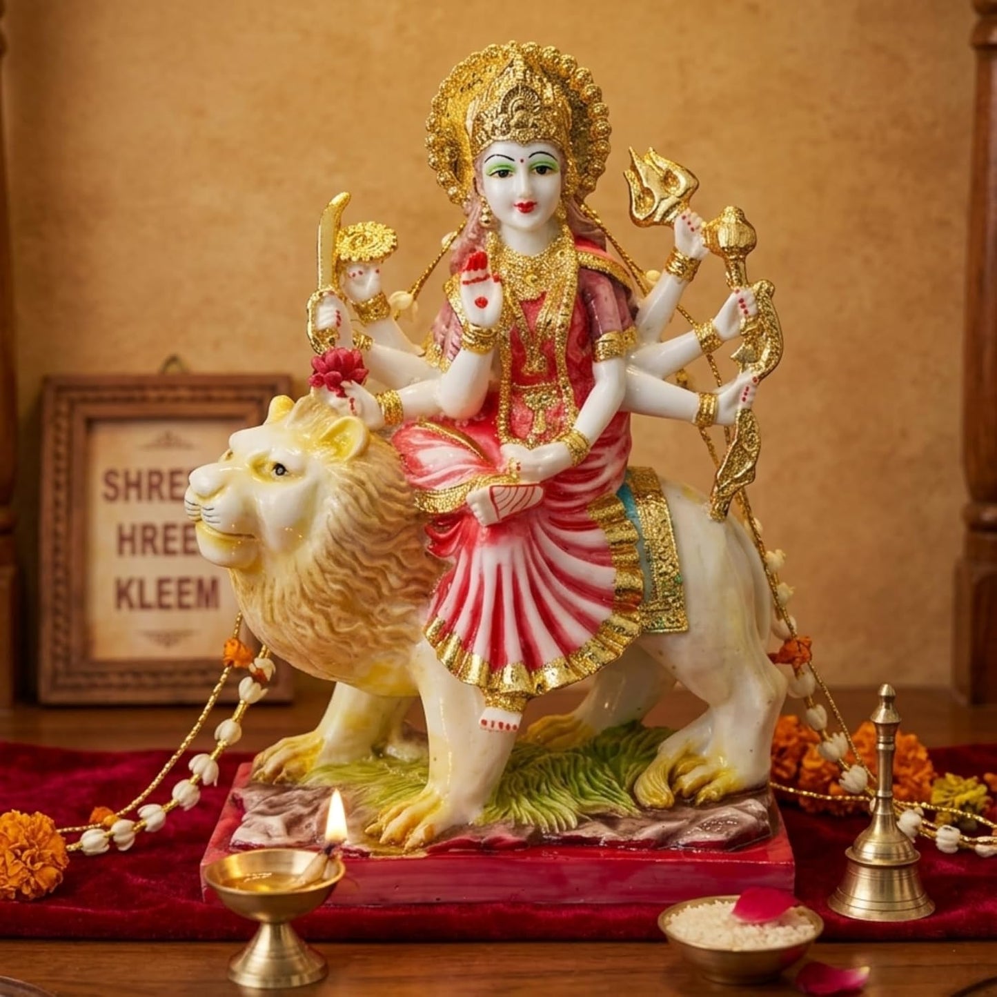 P1561AGP Maa Durga Idol with Pink Saree & White Lion
