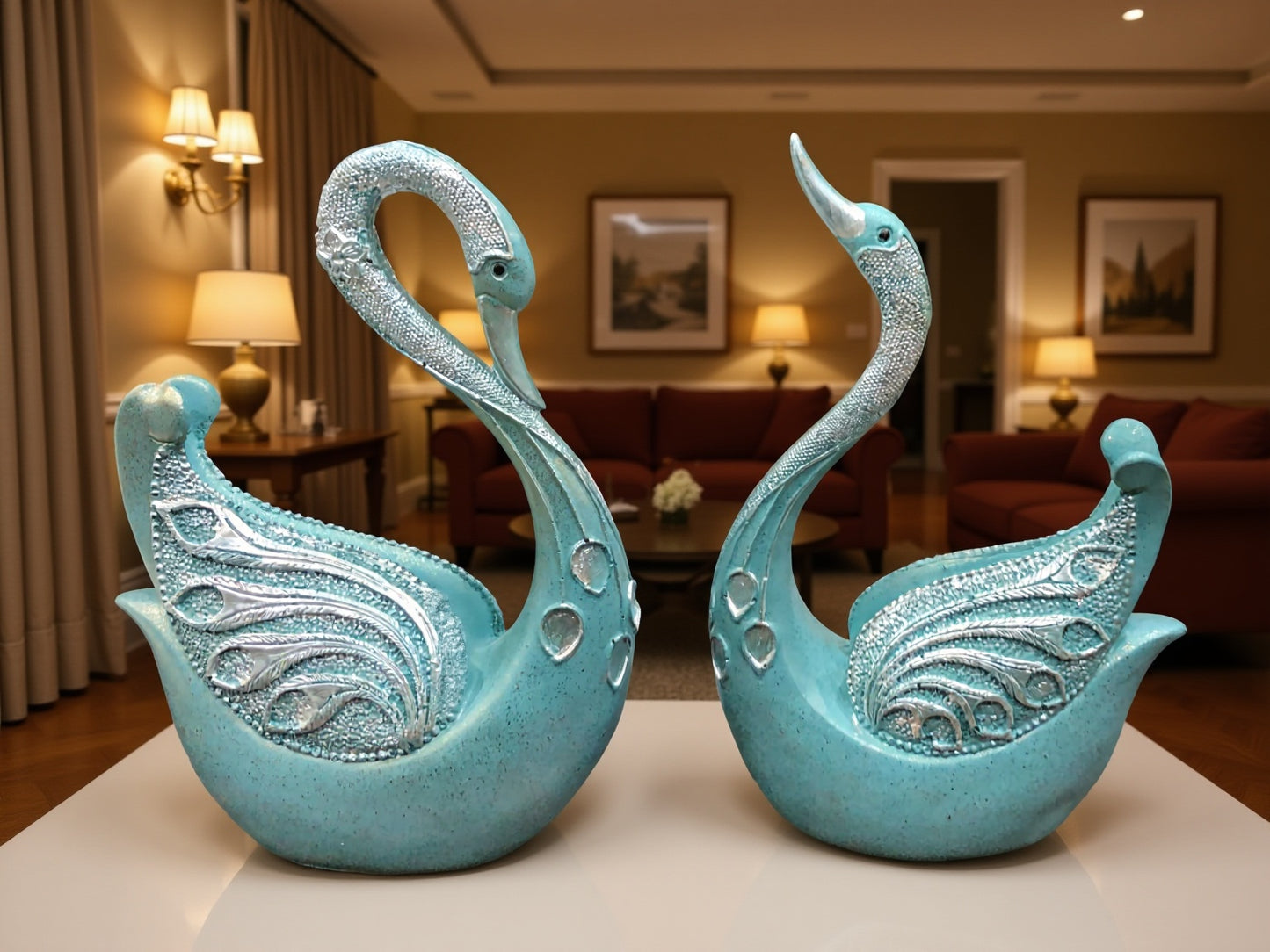 2083A Golden Peacock Feather Swan Couple