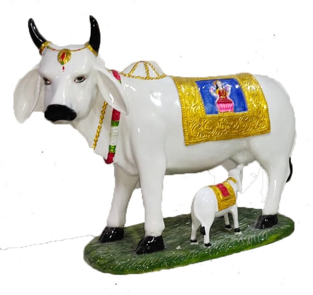 1734 Sacred Kamdhenu Cow and Calf Figurine with Goddess Lakshmi
