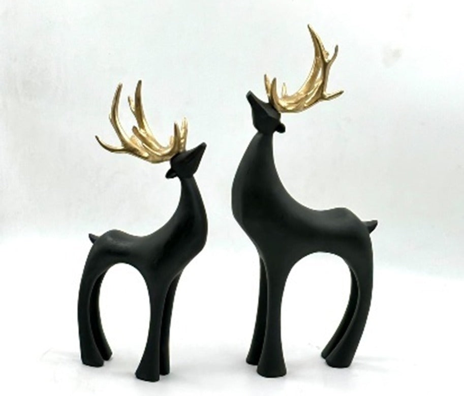 1760A Modern Matte Black & Gold Deer Figurine Set (Pair)