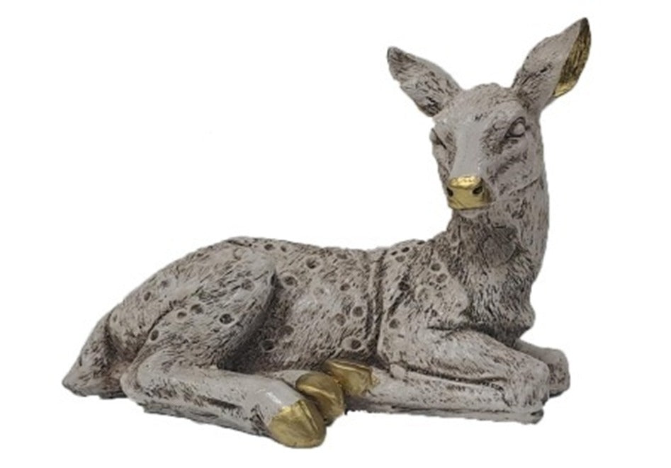 1730 Rustic Stone-Finish Reclining Fawn Figurine with Gold Accents