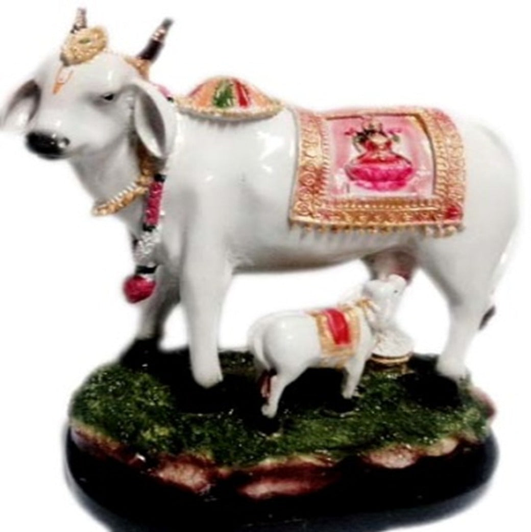 639 Ornate Kamdhenu Cow and Calf Figurine with Goddess Lakshmi Pink Jhul Accent