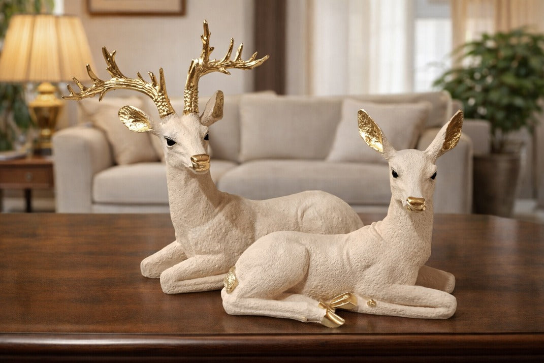 2103 ELEGENT CREAM & GOLD RECLINING DEER FIGURINE SET
