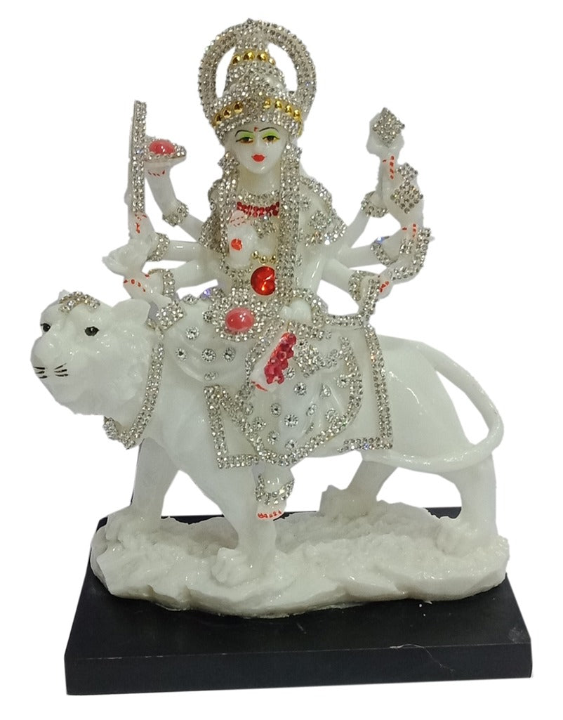 PP490FPD White Marble Dust Maa Durga Idol on Lion – Handcrafted Decorative Statue