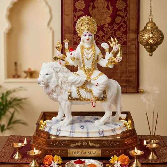 PP1825CGP   Divine Maa Durga White Marble-Finish Idol with Golden leaf