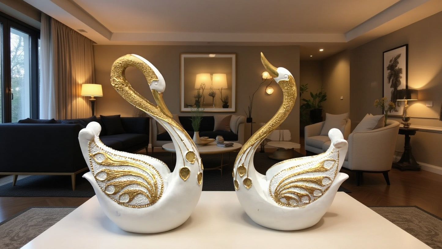 2083A    Golden Peacock Feather Swan Couple