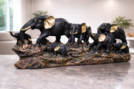1743B   Royal Black &amp; Gold Elephant Family Showpiece