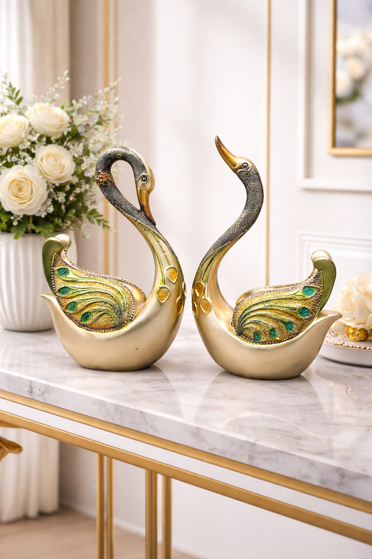 2083A    Golden Peacock Feather Swan Couple