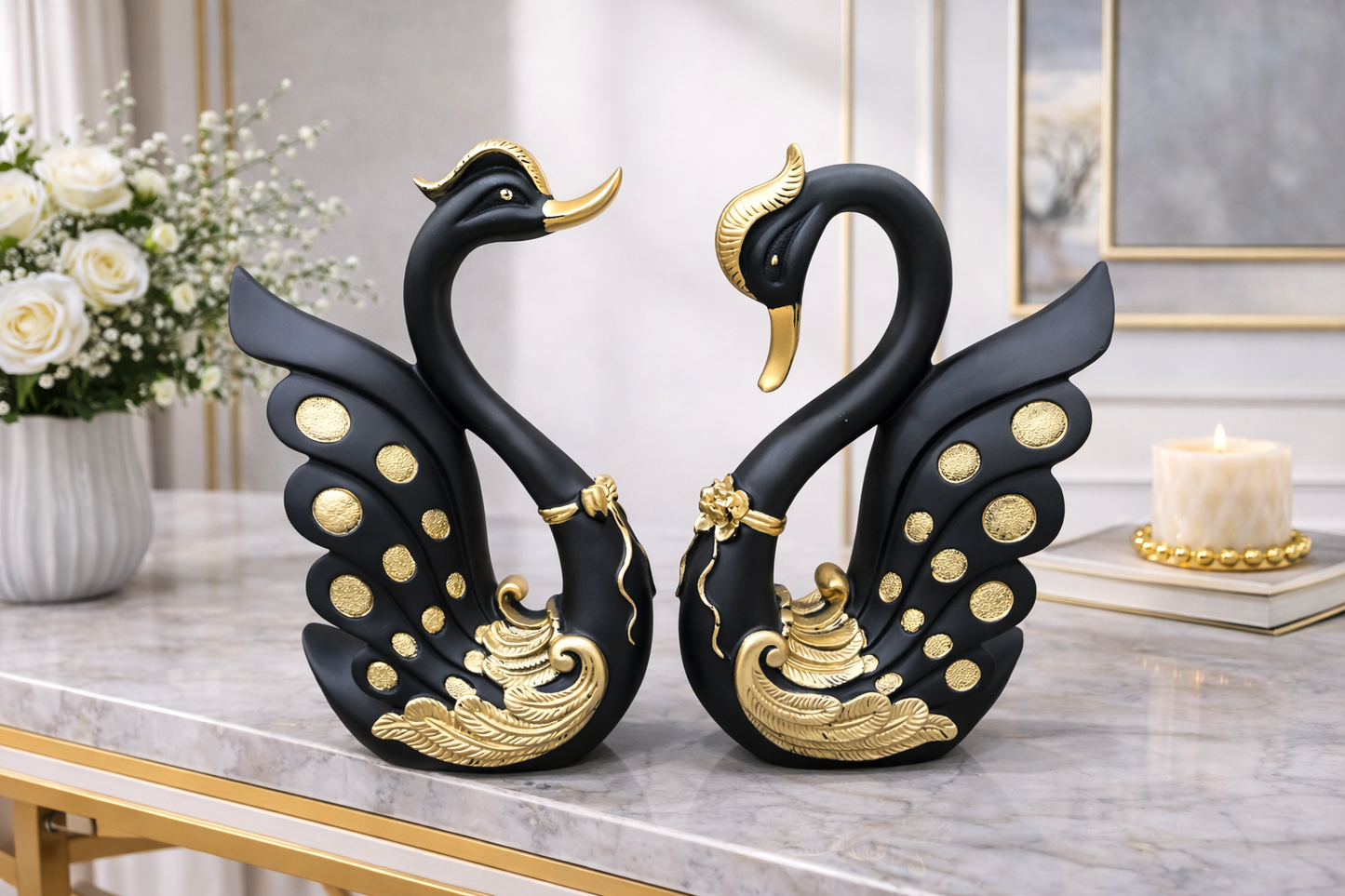 2083C   Luxury Black Gold Swan Couple