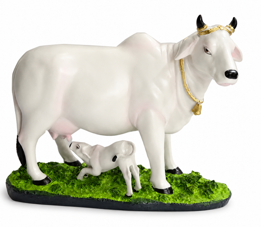 953B  Kamdhenu Cow with Calf Decorative Showpiece – Handcrafted Resin Statue
