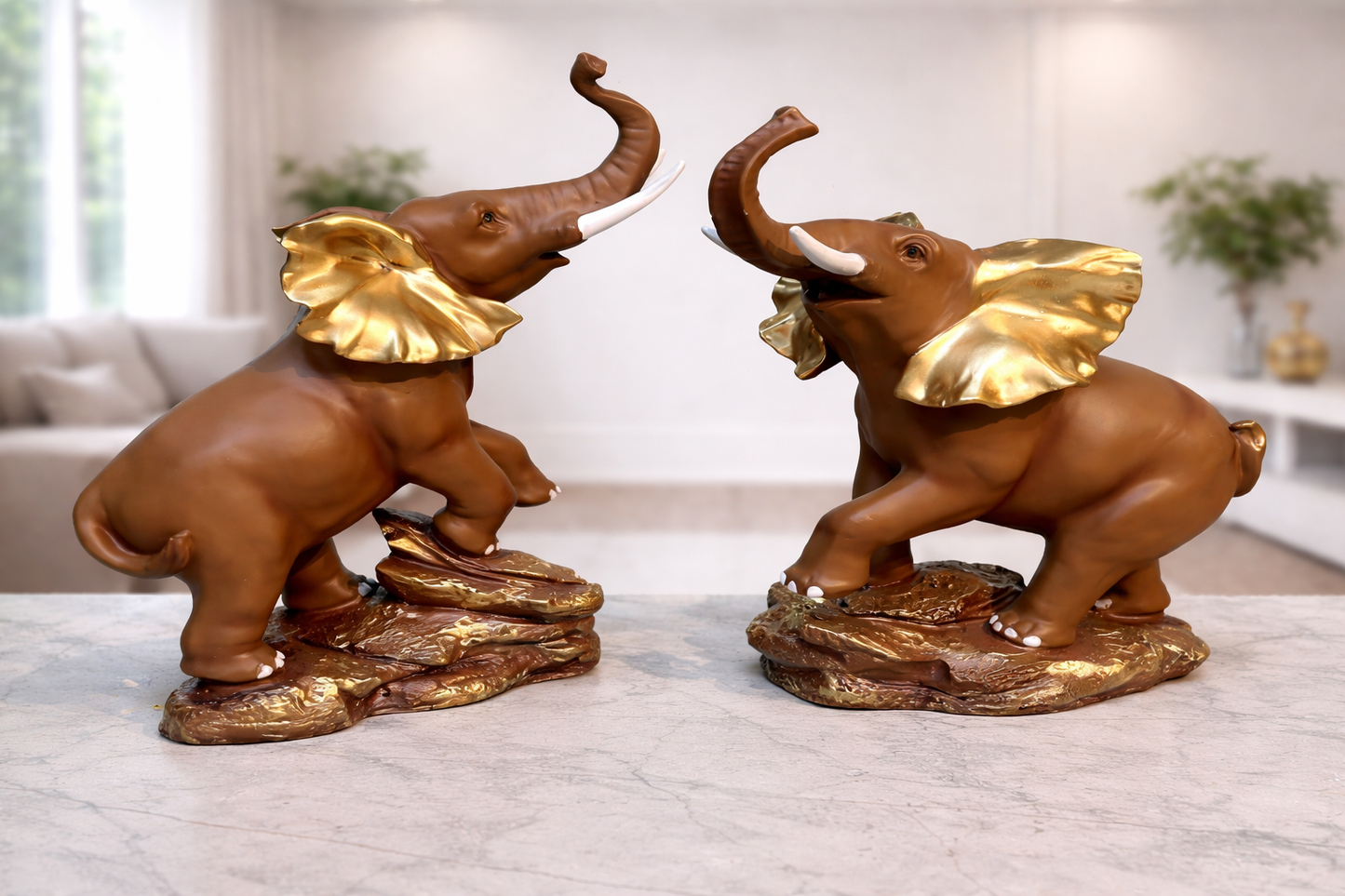 1743A      Royal Brown &amp; Gold Elephant Showpiece Set – Luxury Home Décor