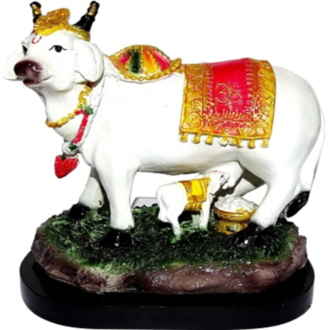 639B Traditional Kamdhenu Cow and Calf Figurine with Red Om Jhul Accent