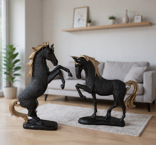 1632     Black & Gold Resin Horse Duo