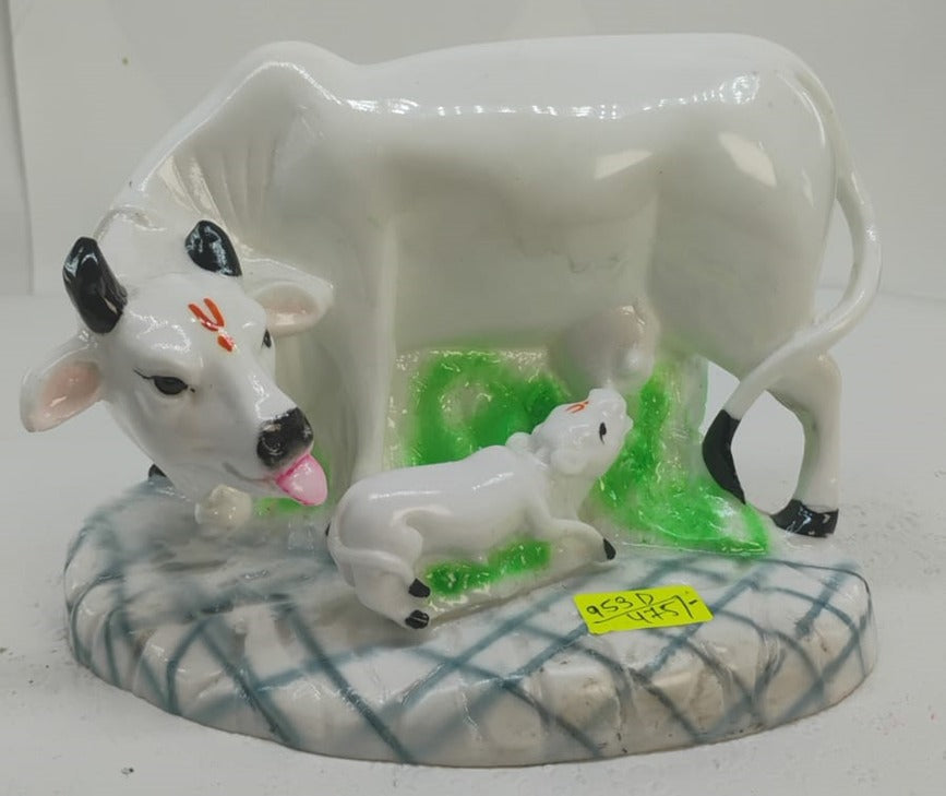 953D   Sacred Kamdhenu Cow with Calf Marble Dust Idol