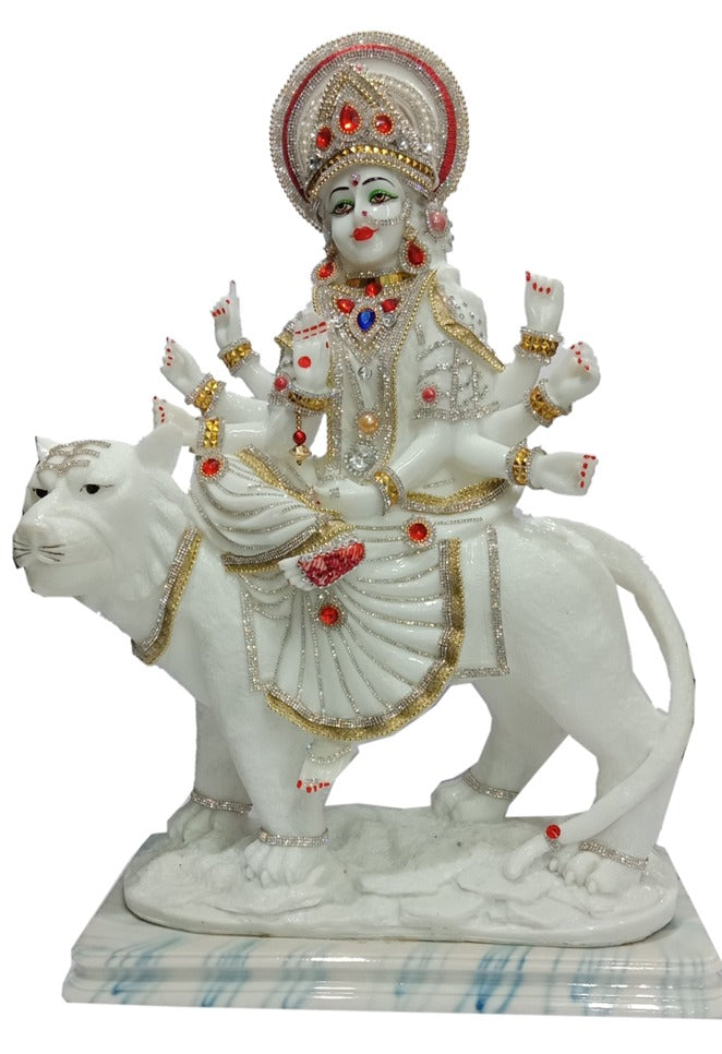 PP490PD   Divine White Marble Maa Durga Idol on Lion