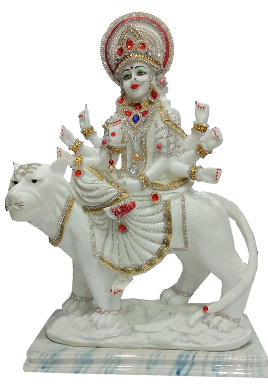 PP490PD   Divine White Marble Maa Durga Idol on Lion