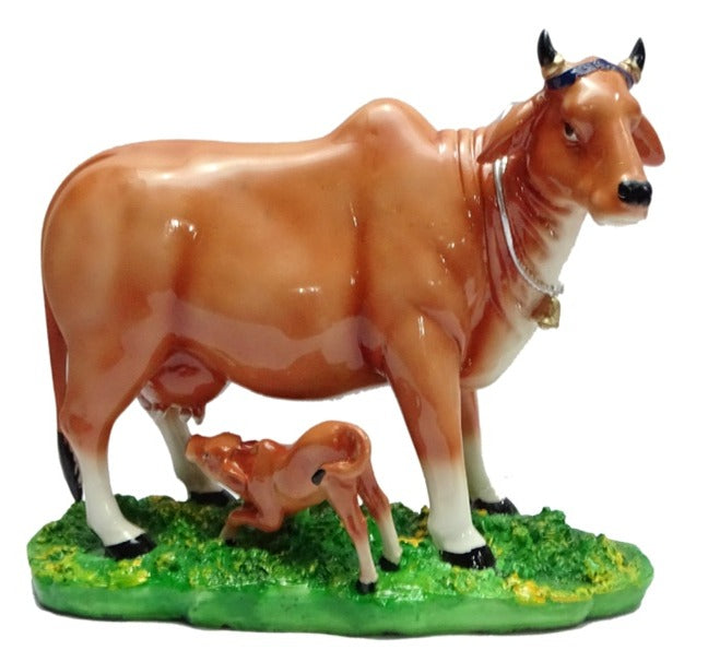 953B  Kamdhenu Cow with Calf Decorative Showpiece – Handcrafted Resin Statue