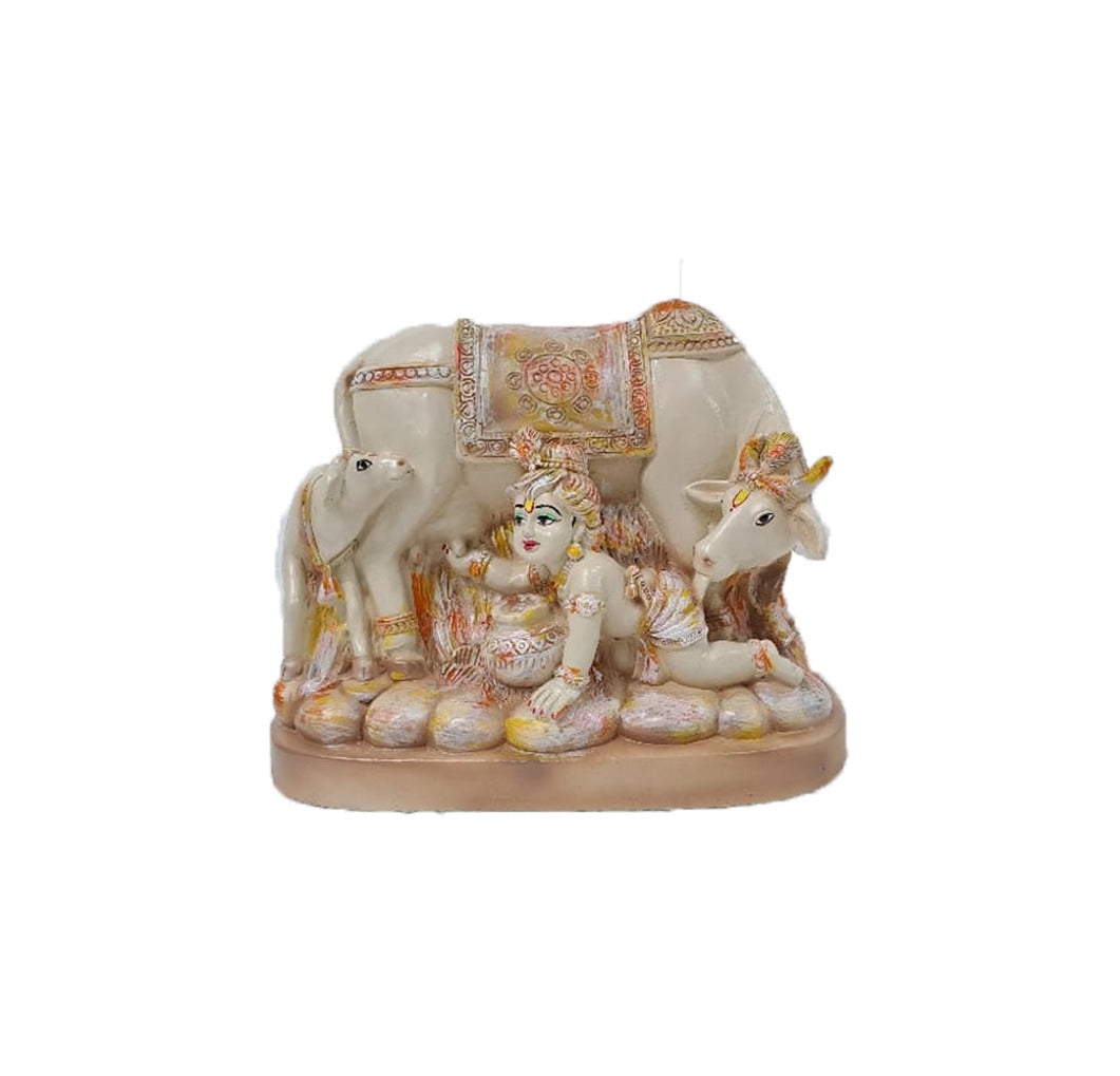 1778  Handcrafted Bal Krishna with Kamdhenu Cow and Calf Figurine