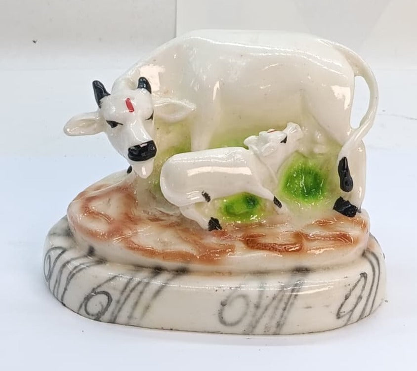 P953EW  Ceramic Kamdhenu Cow and Calf Idol – Sacred Home Decor