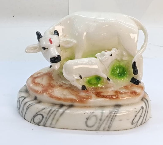 P953EW  Ceramic Kamdhenu Cow and Calf Idol – Sacred Home Decor