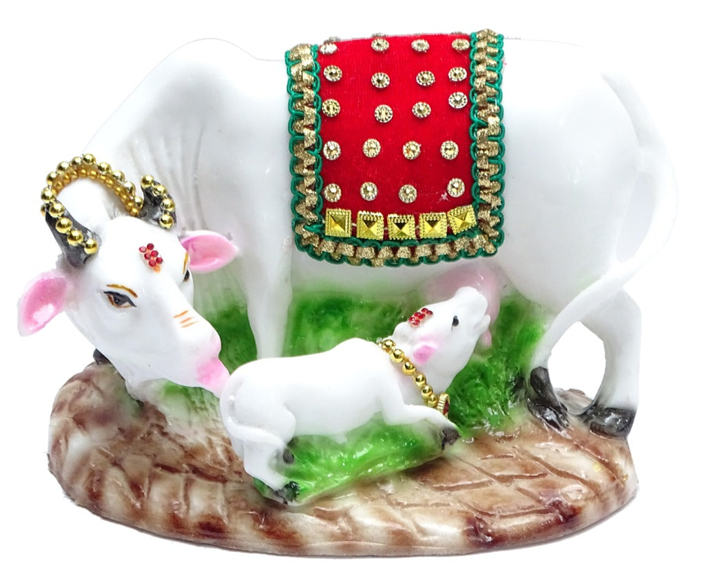 P953DPC    Exquisite Royal Kamdhenu Cow and Calf Figurine with Red Jhul Accent