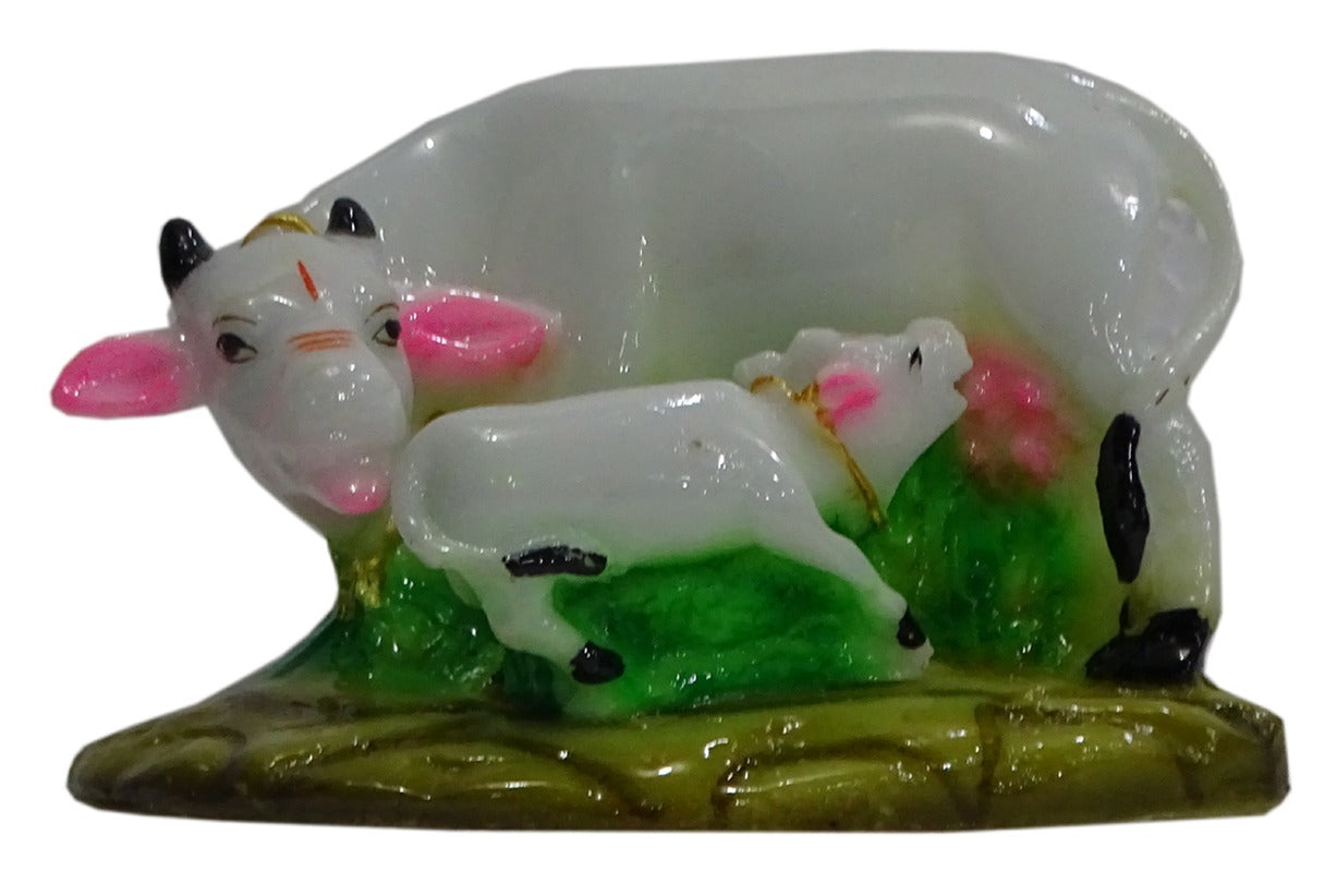 P953E  Charming Kamdhenu Cow and Calf Figurine with Vibrant Pink Accents