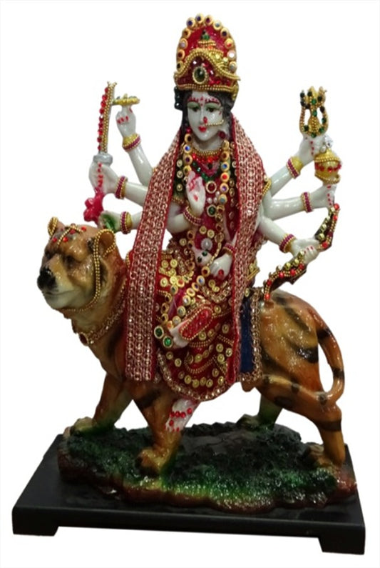 362AJ    Handcrafted Goddess Durga Idol (Sherawali Mata) with Heavy Stone &amp; Dupatta Embellishments
