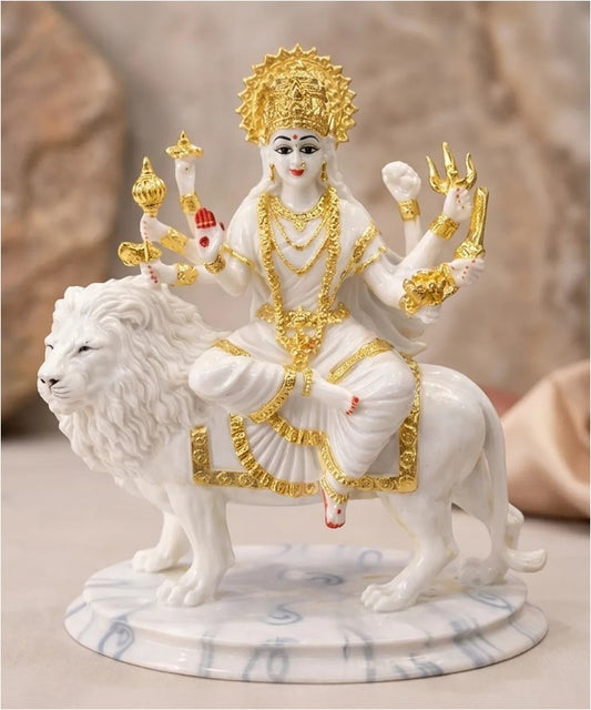 PP1825CGP   Divine Maa Durga White Marble-Finish Idol with Golden leaf