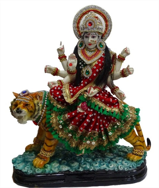 P1316PCPD  Handcrafted Goddess Durga Idol (Sherawali Mata) with Heavy Stone Work &amp; Emerald Green Pleated Trim